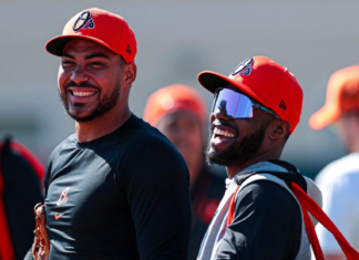 Burnes and Holliday debut in Orioles Spring Training Opener Anthony Santander and Cedric Mullins having a laugh in Sarasota.