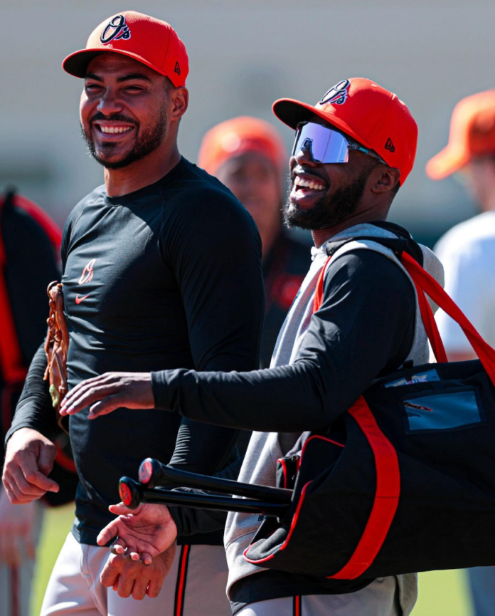 SantanderMullinsspring24 Anthony Santander and Cedric Mullins having a laugh in Sarasota.